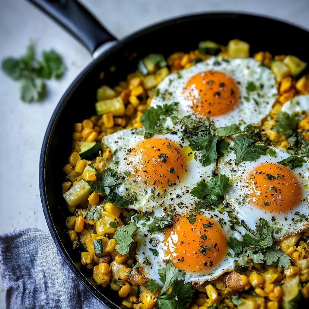Zucchini Sweet Corn Hash Egg Skillet