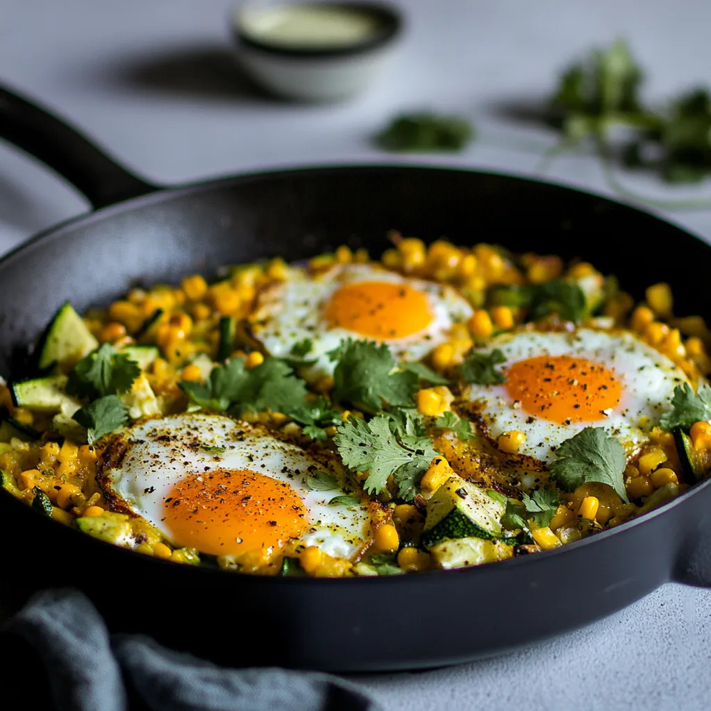 Zucchini Sweet Corn Hash Egg Skillet